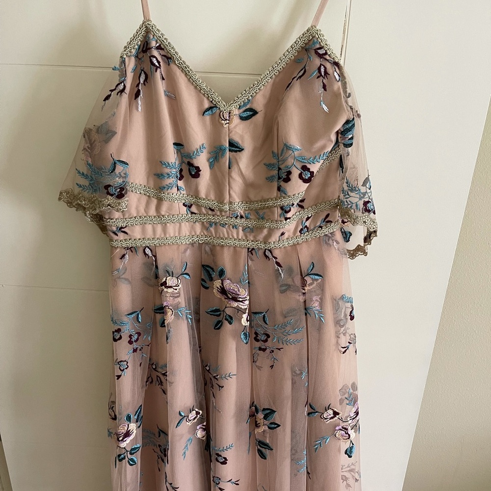 Champagne and Strawberry embroidered, midi dress